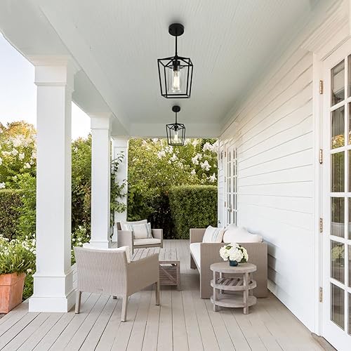 Miniatura 6 de Paquete de 2 lámparas colgantes negras de 1 luz para isla de cocina, lámpara colgante de metal de granja con jaula de hierro con pantalla de vidrio