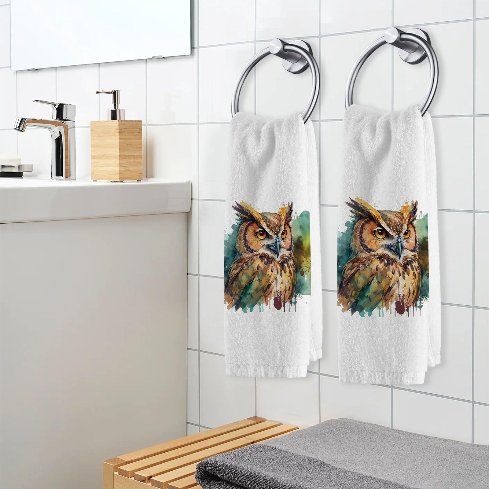 ALAZA Owl Watercolor Hand Towels 100 Percent Cotton Soft Bathroom Decorative Bath Towels Luxury Absorbent Face Towel Set for Beach Gym Spa 16x30 Inch