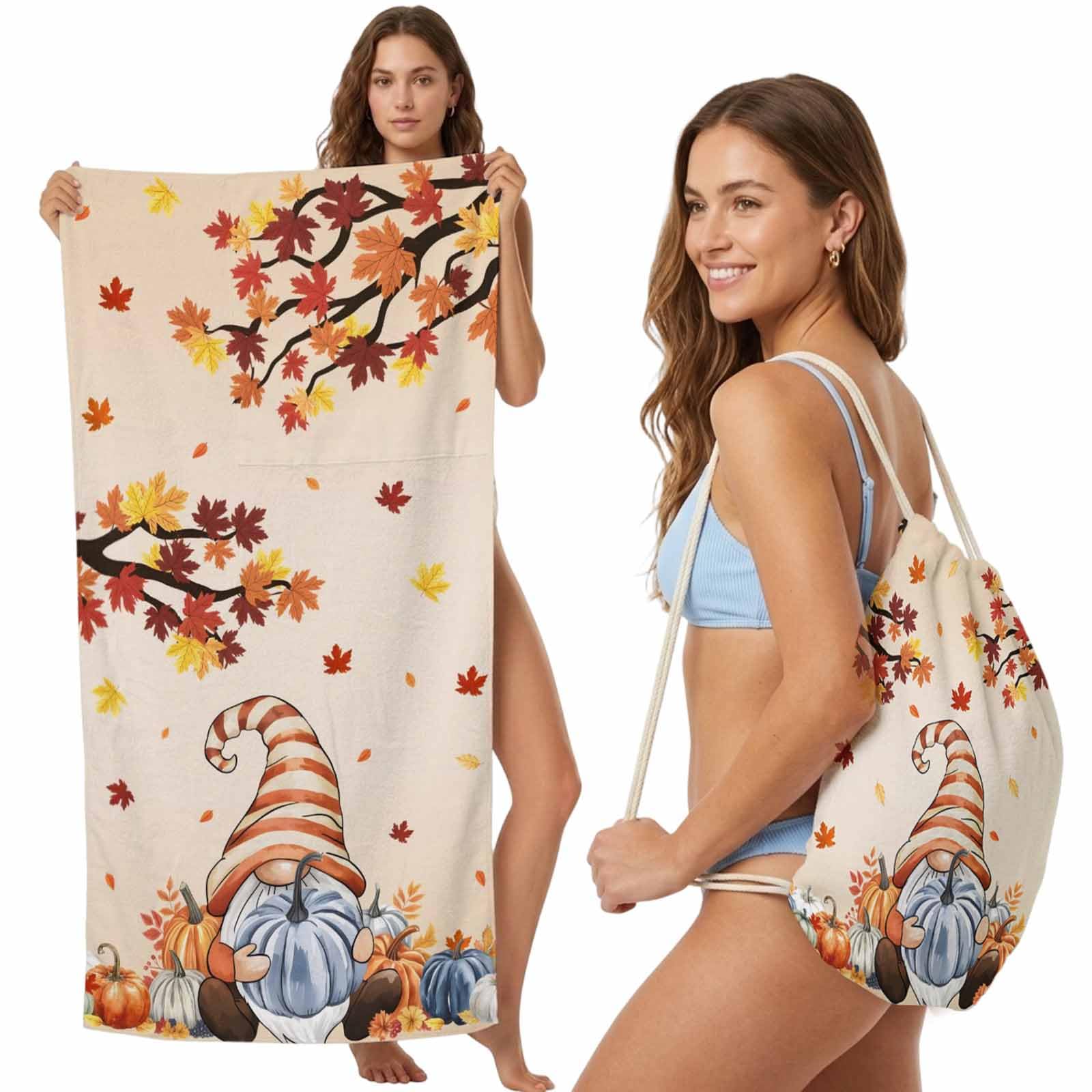 FWJZDSP 2-in-1 Beach Towel Backpack,Thanksgiving Gnome Pumpkin on Orange Bath Towel with Built-in Storage Fall Maple Leaf Convertible Foldable Beach Blanket for Travel Pool Gym Camping Swim,31x63in