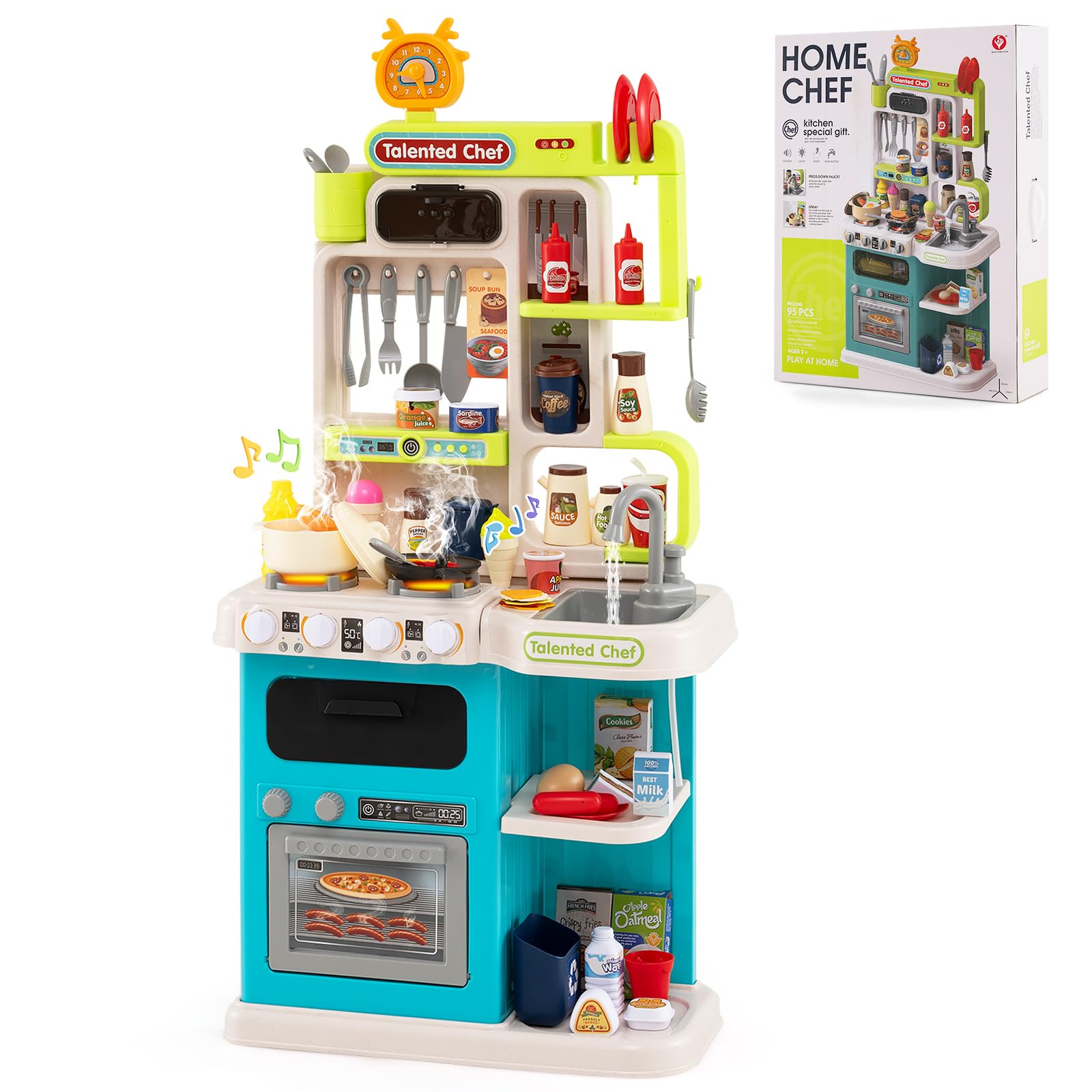 COSTWAY Kids Kitchen Playset, Toddler Play Kitchen with Realistic Sounds & Lights, Steam Spray Simulation, Sink, 95PCS Accessories, Pretend Role Play Toy for Boys Girls (Blue)