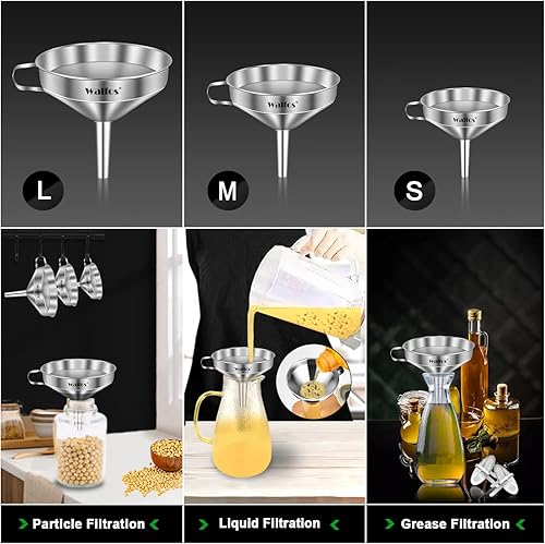 Miniatura 51 de walfos 4 embudos de plástico de cocina (sin BPA), embudo automotriz para transferencia de líquidos, embudos para llenado de botellas, recipientes