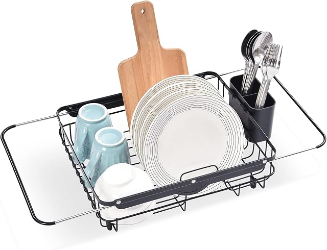 KINGRACK Dish Drainer on Sink with Cutlery Holder, Large Dish Rack for Kitchen Counter with Extendable Bracket, Anti Rust, Black