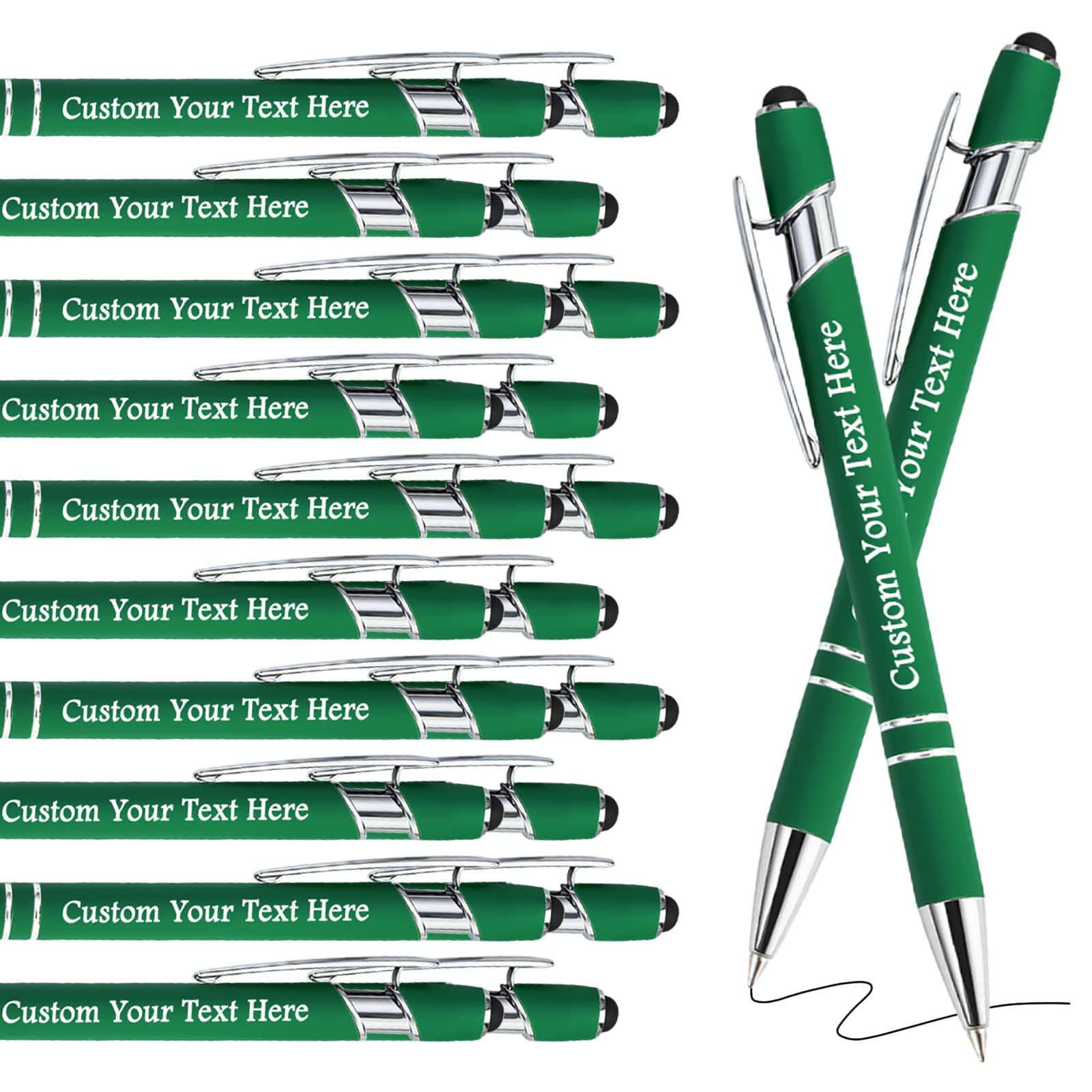 Personalised Pens Bulk Custom Pens with Logo Name 20 Pack Free Engraved Stylus Ballpoint Pens Customised Retractable Pen Message Text Gift for Men Women Black Ink Business Graduation Dark Green