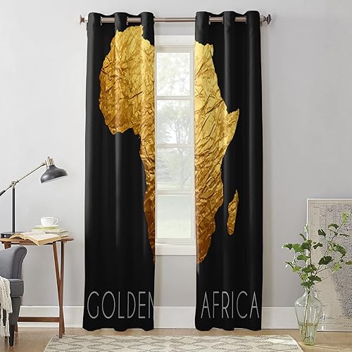 Miniatura 4 de Curtains Panels for Bedroom Golden Africa Modern Area Map Black Texture Window Curtains Light Filtering Grommet Top Drapes for Bathroom Living
