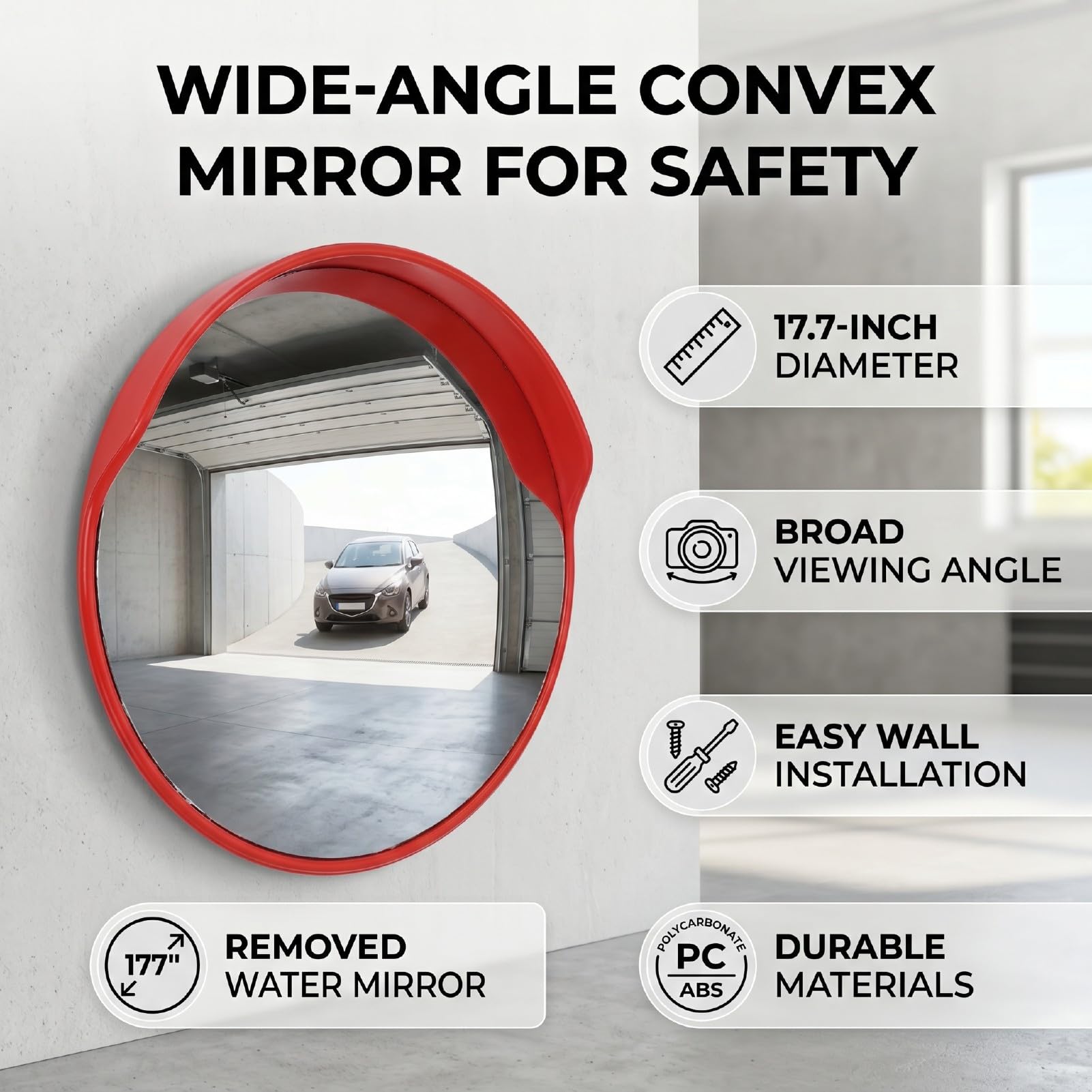 Bewinner Espejo Convexo Gran Angular de 17,7 Pulgadas para Estacionamiento, Entrada de Garaje, Punto Ciego y Seguridad del Tráfico, Fácil Instalación, Uso en Exteriores/interiores, Almacén,