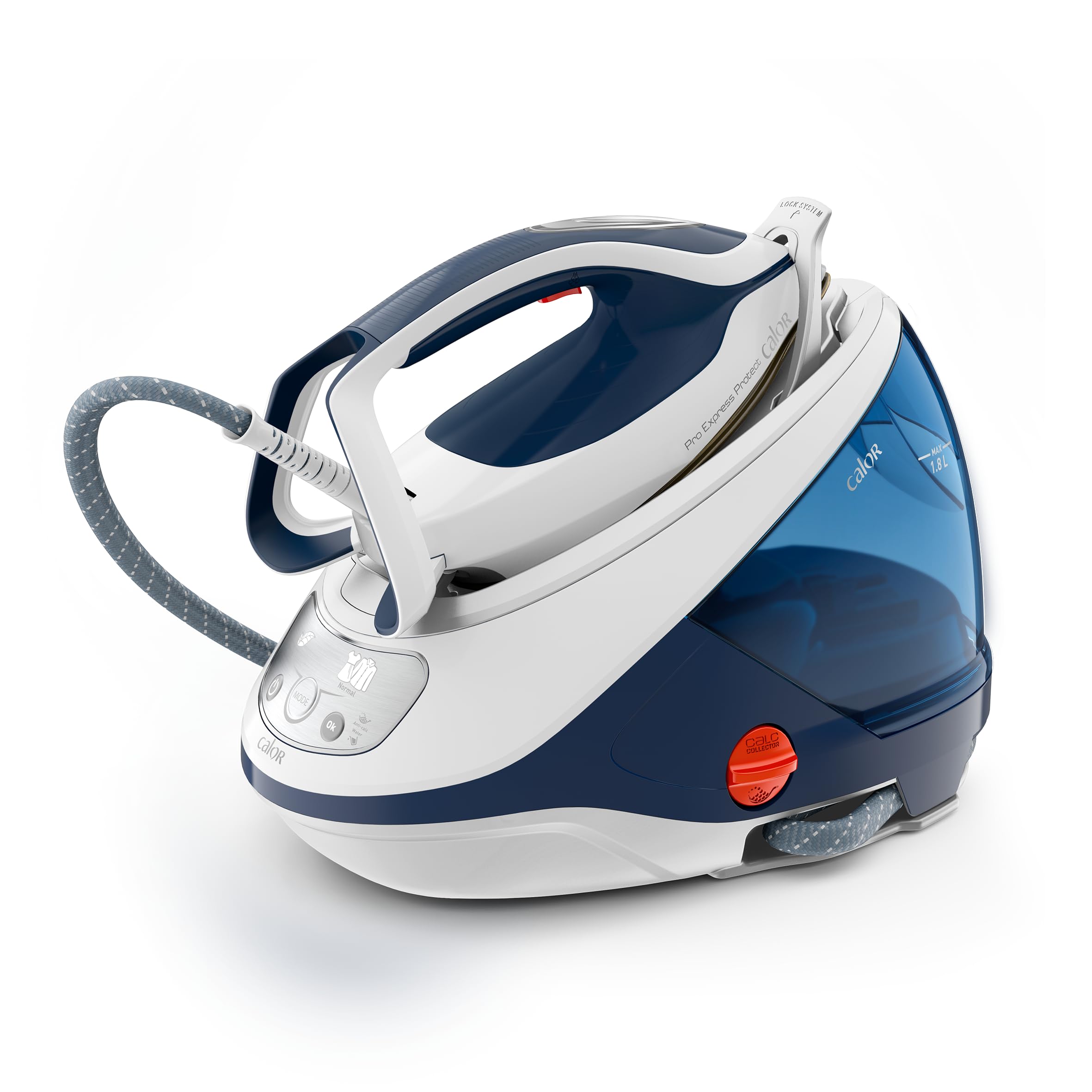 Gros plan sur la semelle Durilium AirGlide Autoclean du fer Calor Pro Express Protect.