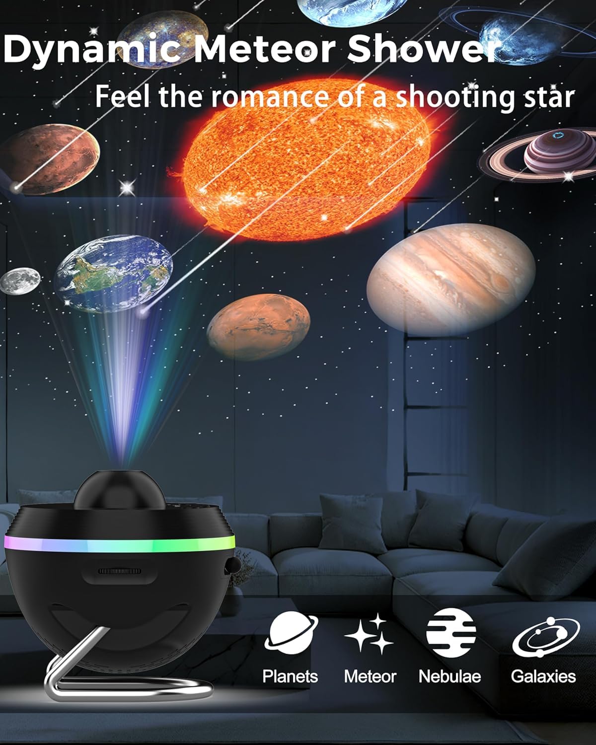 Proiettore Galaxy e planetario domestico con effetto meteorite, 13 dischi in qualità 4K, illuminazione ambientale a LED in 6 modalità, proiezione rotante multimodalità, proiezione di oggetti celesti