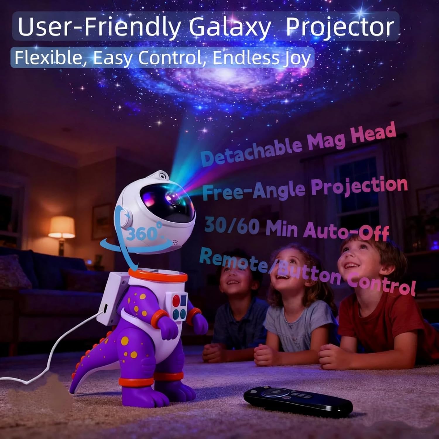 Galaxy Star Projection Night Light, Dinosaur Astronaut Space Projector with Timer, Remote Control, 8 Lighting Modes, Green Nebula Effects for Kids Room Ceiling Decor(Purple)