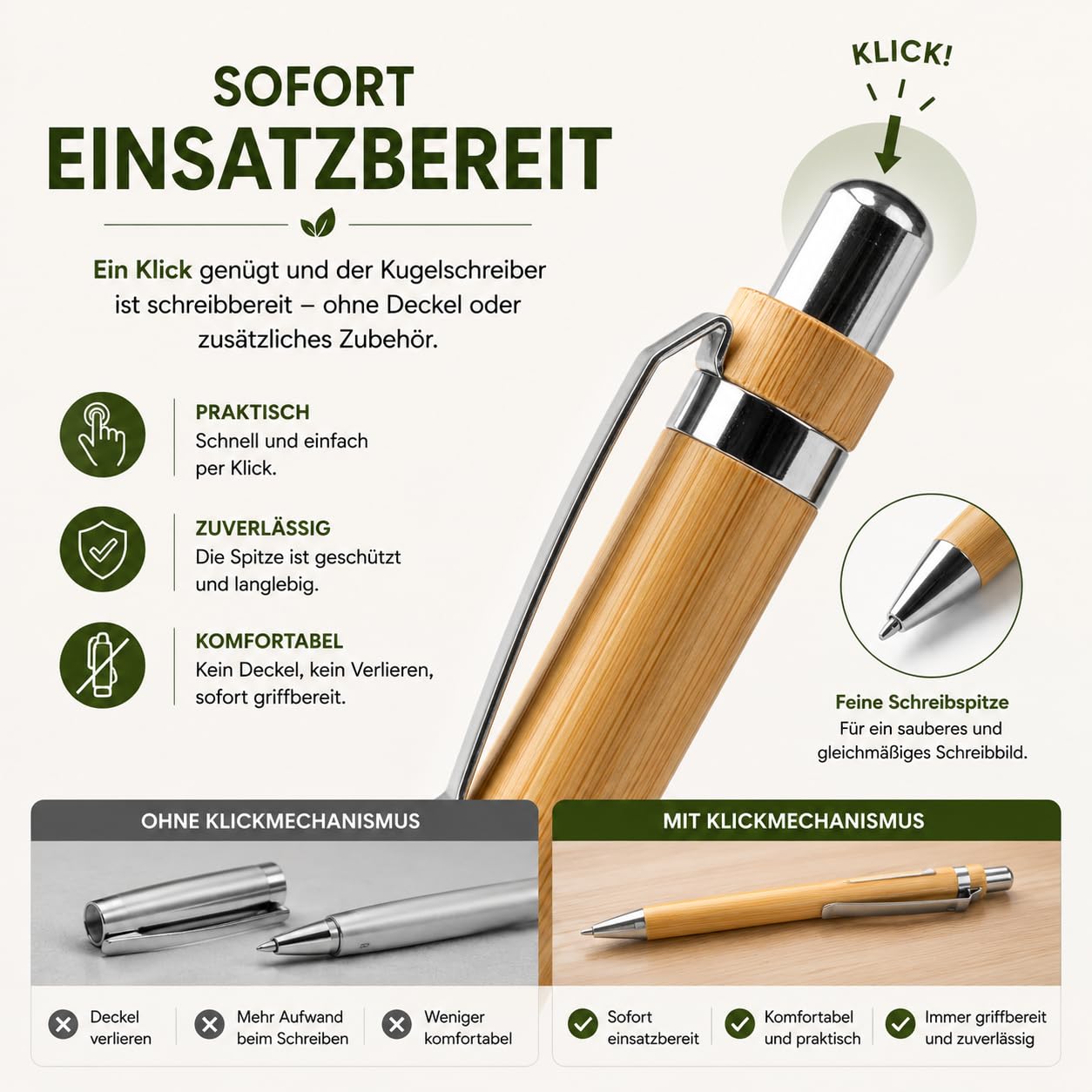 WPRO Bambus Kugelschreiber 250 Stück Set mit Druckmechanismus und blauer Mine, Bambusholz Schreibstift mit Metallclip, nachfüllbar für Büro Empfang Messe Line