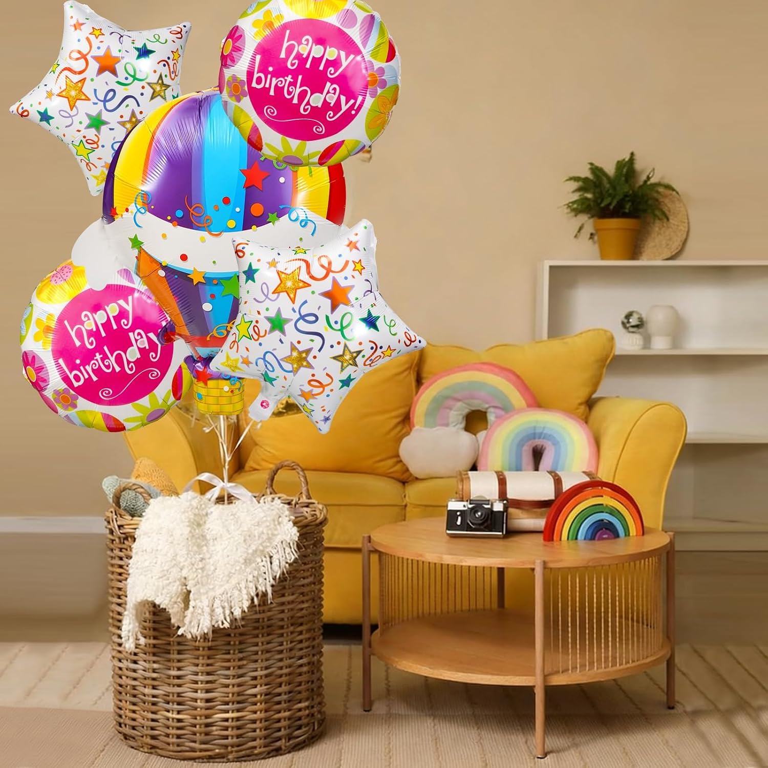 Happy Birthday Balloon Set, 5PCS Colorful Mylar Foil Balloons with Hot-Air, Star and Round Shapes, Birthday Decorations and Party Supplies for Kids and Adults Celebration Decor image 4
