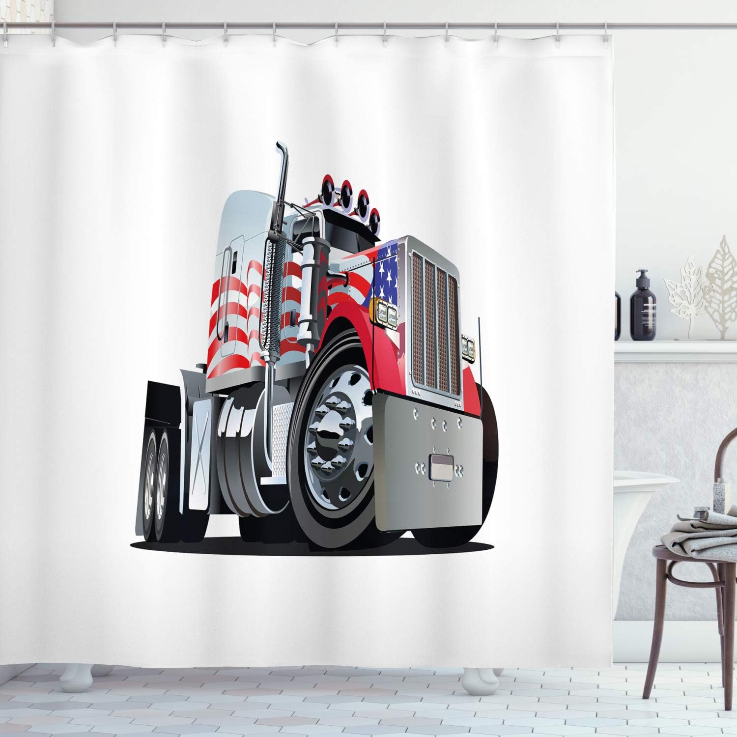 Ambesonne Truck Shower Curtain, American Flag Themed Semi 18 Wheeler Patriotic Transportation Industrial Vehicle, Cloth Fabric Bathroom Decor Set with Hooks, 69" W x 75" L, Red White Blue