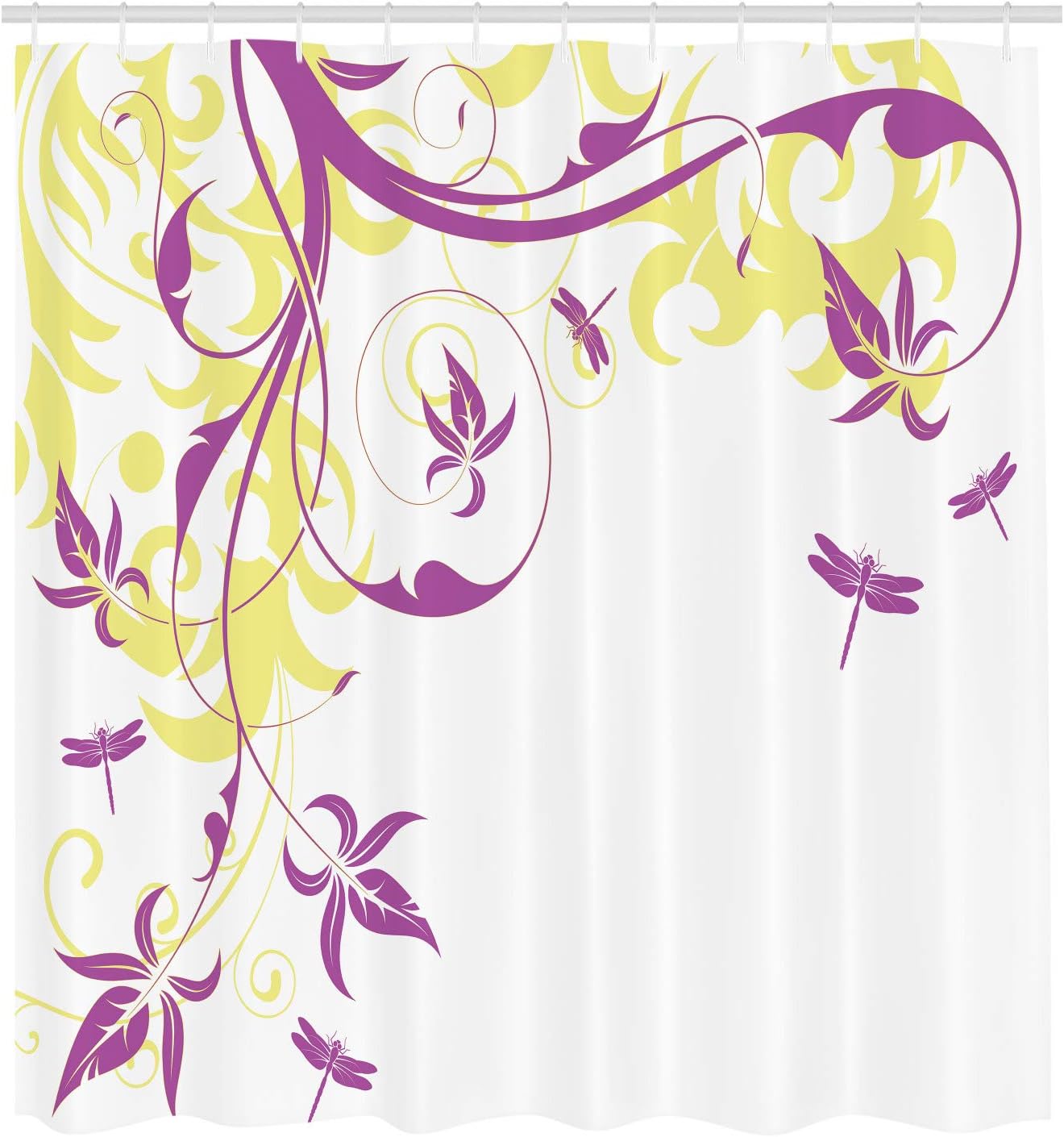 Ambesonne Dragonfly Shower Curtain, Swirled Floral Background Damask Curl Branches and Leaves Print, Cloth Fabric Bathroom Decor Set with Hooks, 75" Long, Pastel Yellow