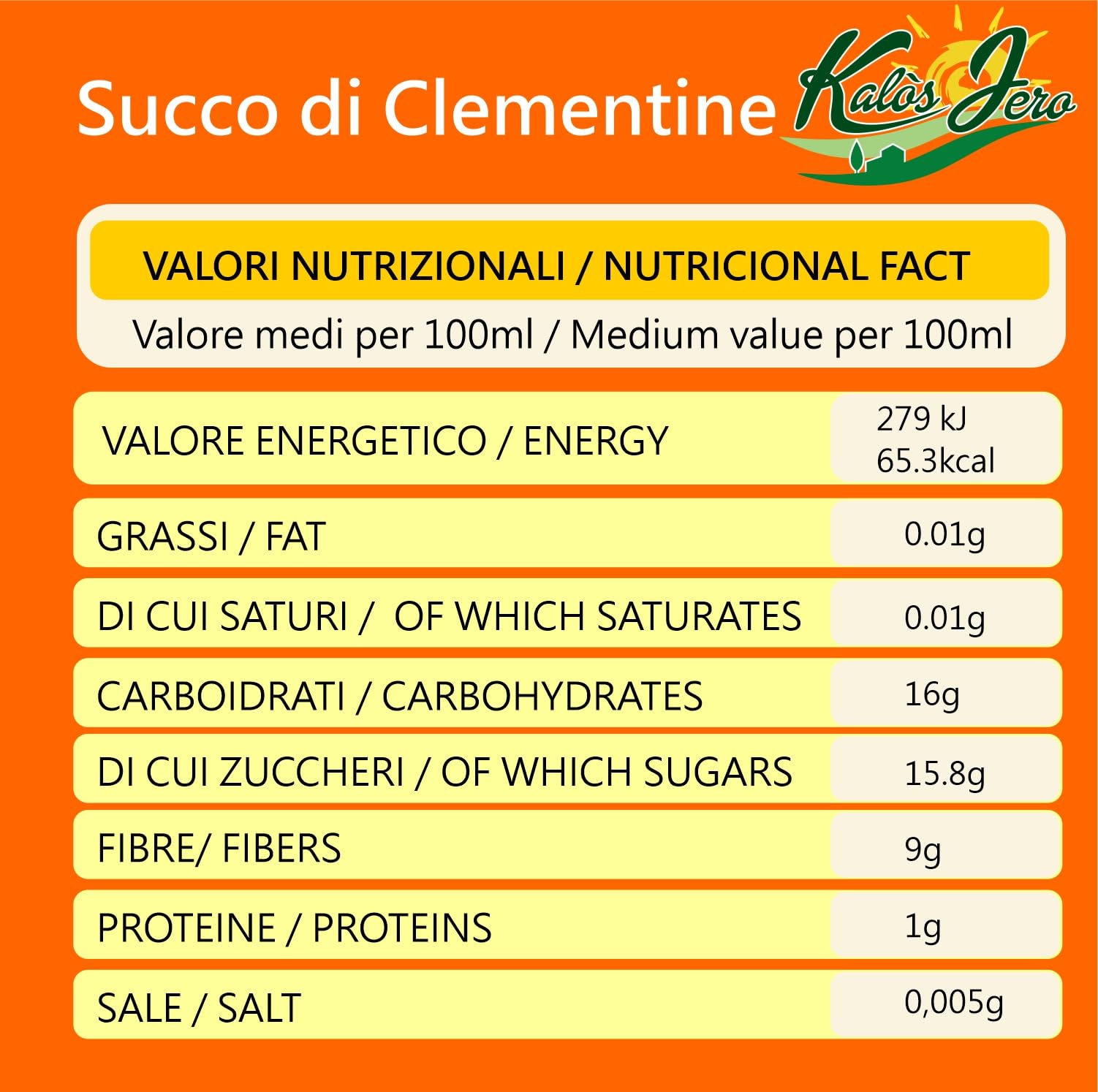 Spremuta Succo di Clementine 12x 200ml – 100% Naturale Frutta Fresca di Stagione - Gusto Autentico - Prodotto Artigianale Alta Qualità Senza Additivi – Kalos Jero