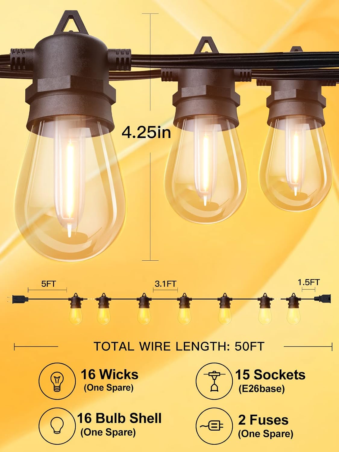 addlon 48FT LED Outdoor String Lights with 15 Edison Vintage Shatterproof Bulbs, Commercial Grade Patio Lights, IP65 Waterproof for Balcony, Backyard and Garden, Warm White