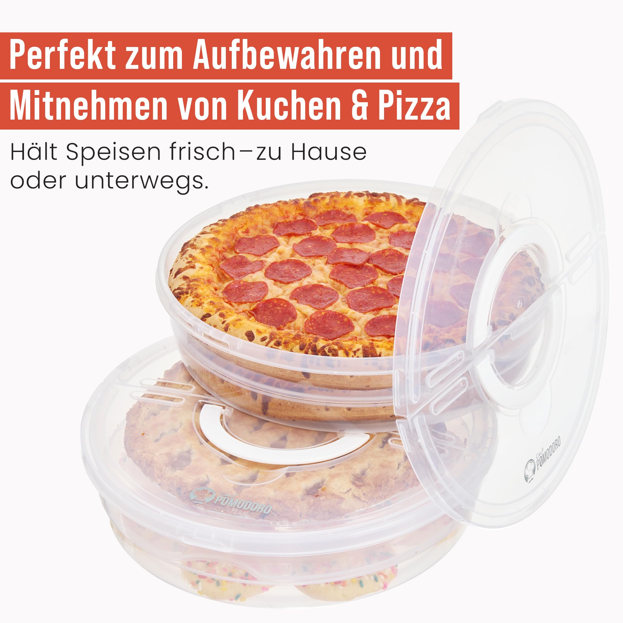 Chef Pomodoro 30,5 cm Kuchenträger mit Deckel und Trennwand, 2 Stück, wiederverwendbarer Pizza-Aufbewahrungsbehälter, erweiterbarer Kuchenträger mit Griff, Pizza-Packbehälter, Pizza-Halter für Kuchen,
