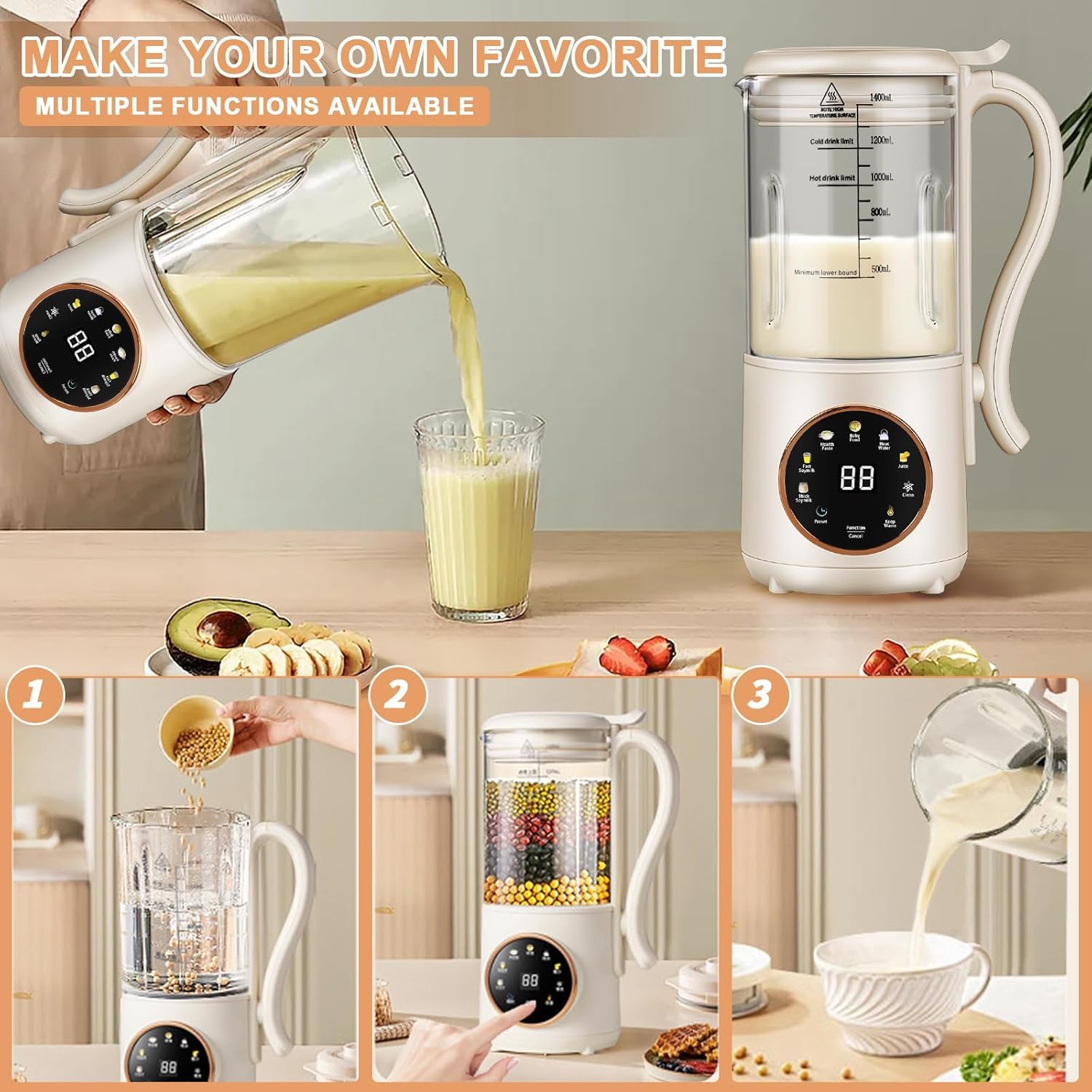 Automatischer Sojamilchbereiter, 1400 ml, mit 12-Stunden-Reservierung, Warmhalten & Wärme, Nussmilchmaschine für hausgemachte Hafermilch, Saft, Mandeln, Sojabohnen