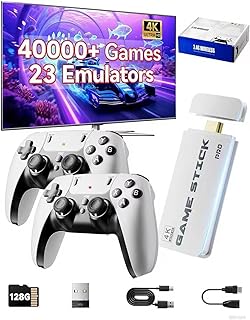 Retro Gaming Console Stick avec 4.0000+ Jeux, Préinstallé 15 émulateurs, 4K HDMI, Dual 2.4G contrôleur sans Fil, Plug & Play système, Cadeaux pour Enfants Adultes(Blanc)