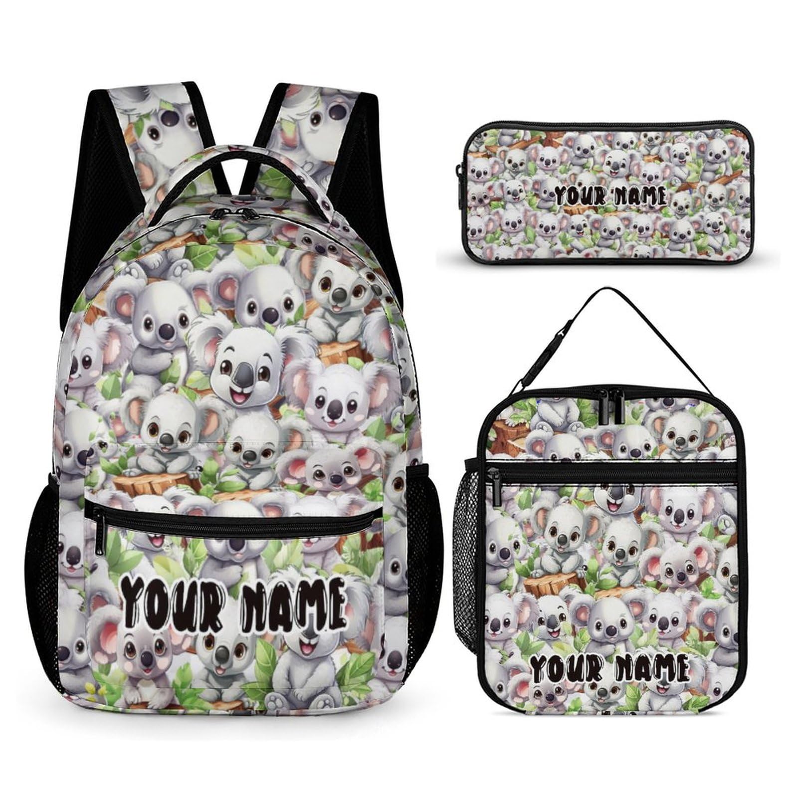 ZCJB-WSRY Custom Koala Backpack with Lunch Box & Pencil Case, 16 Inch Cute Koala Bookbag, Adjustable Lightweight Large Capacity, Colorful Backpack Set
