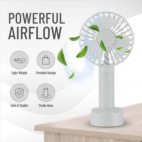 Miniatura 10 de Brago Mini ventilador de mano a pilas, pequeño ventilador portátil personal de velocidad ajustable, ventilador recargable por USB, potente