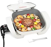 SugarWhisk 8-Inch Ceramic Non-Stick Electric Skillet with Glass Lid, 650W Rapid Even Heat, White - Ideal for Breakfast & Quick Meals