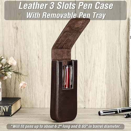 Miniatura 3 de Estuche de cuero genuino de grano superior para 3 bolígrafoslápices, diseño minimalista de moda, hecho a mano, cierre magnético con diseño de cajón,