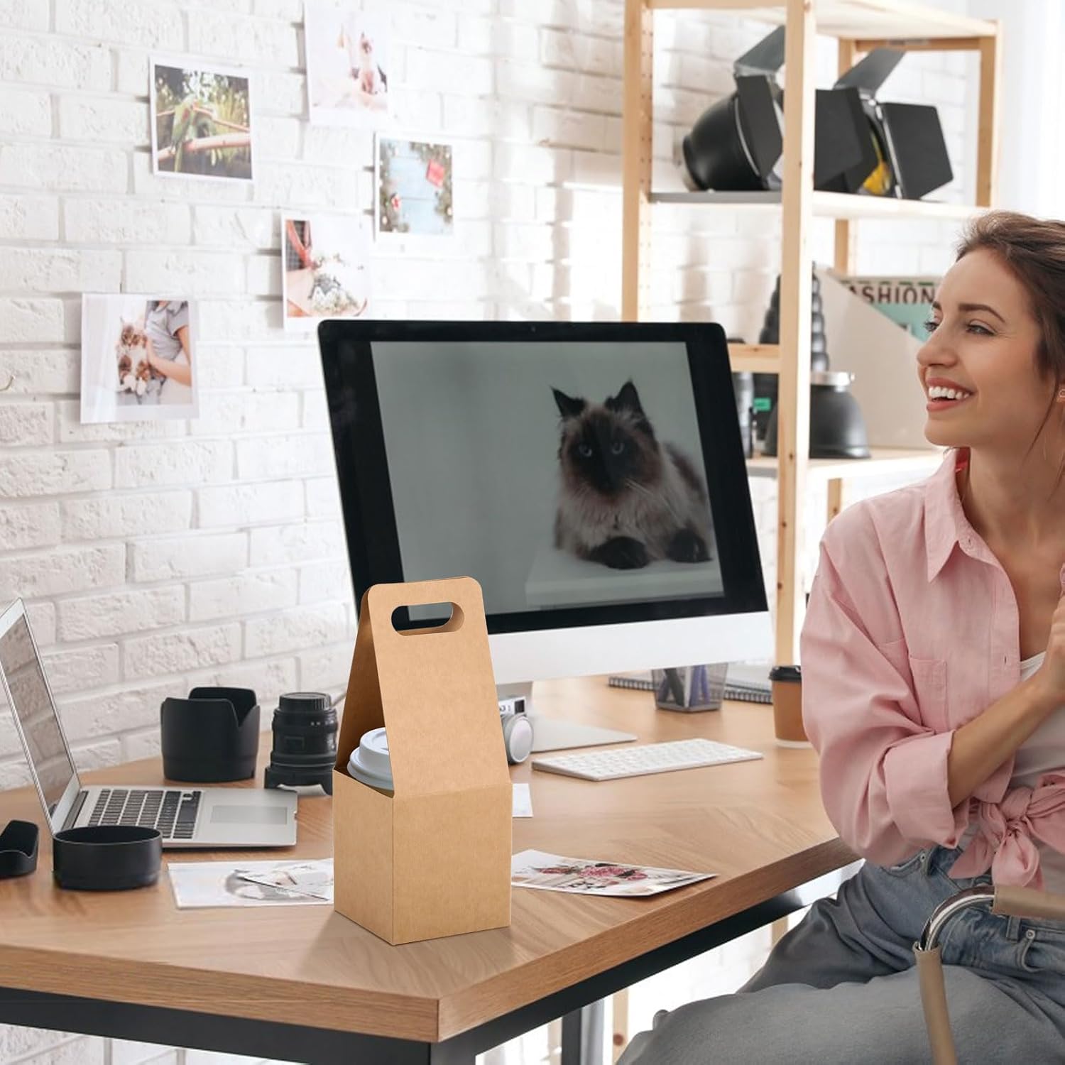 CHGCRAFT 40Pcs Drink Carrier with Handles Kraft Paper Box for Drink Holder Beverage Holder Foldable drink holders for Coffee Smoothie Restaurants Food Delivery, 9.5x3.5x3.5inch