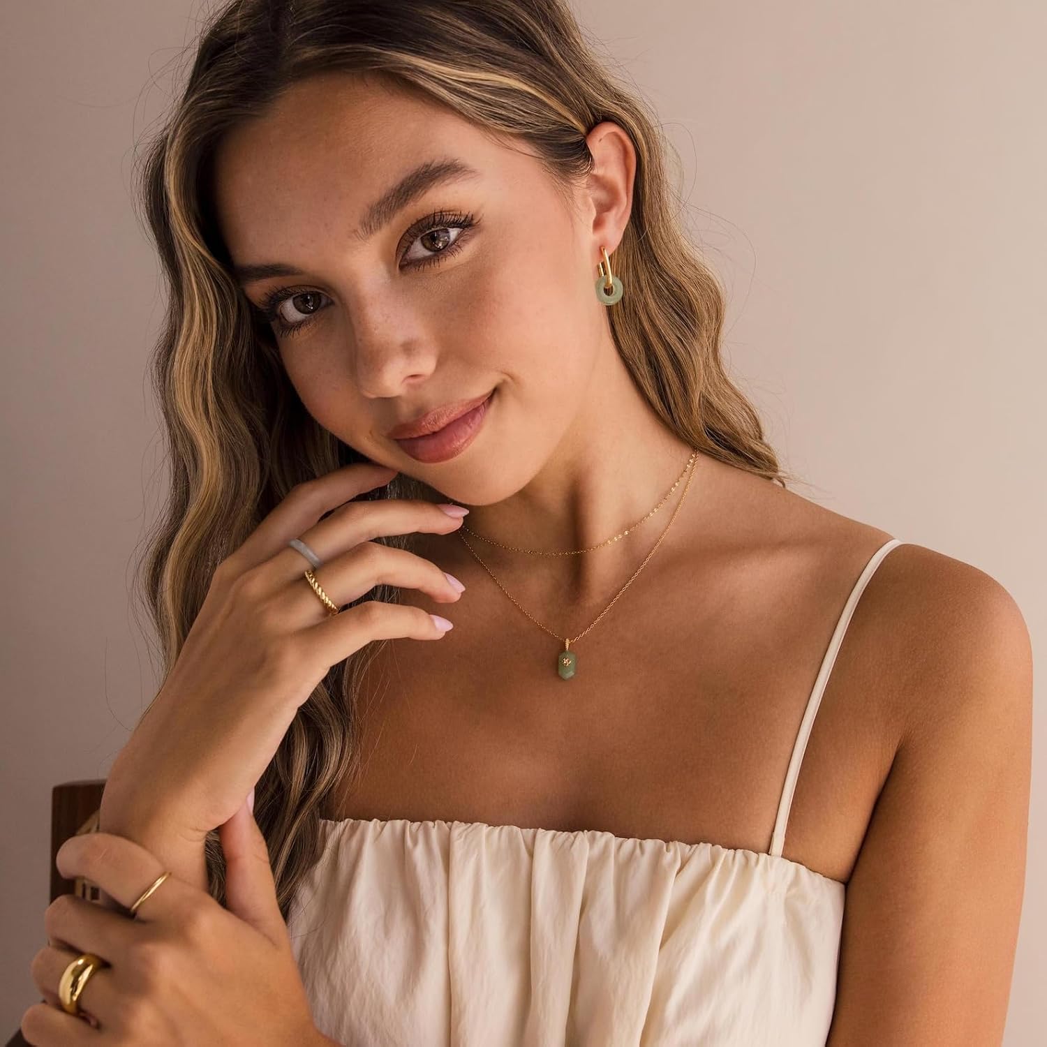 CAITLYNMINIMALIST Natural Jade Chunky 18K Gold Plated & Silver Dangle Drop Bold Huggie Hoop Earrings for Women Gift for Her