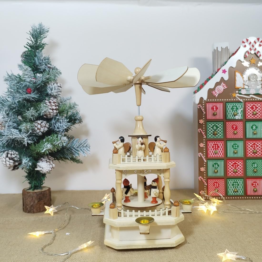 14 Inches Wooden Christmas Pyramid with 4 Candle Holders- Nativity Scene Set-Under The Xmas Tree -Christmas Table Top Decor.