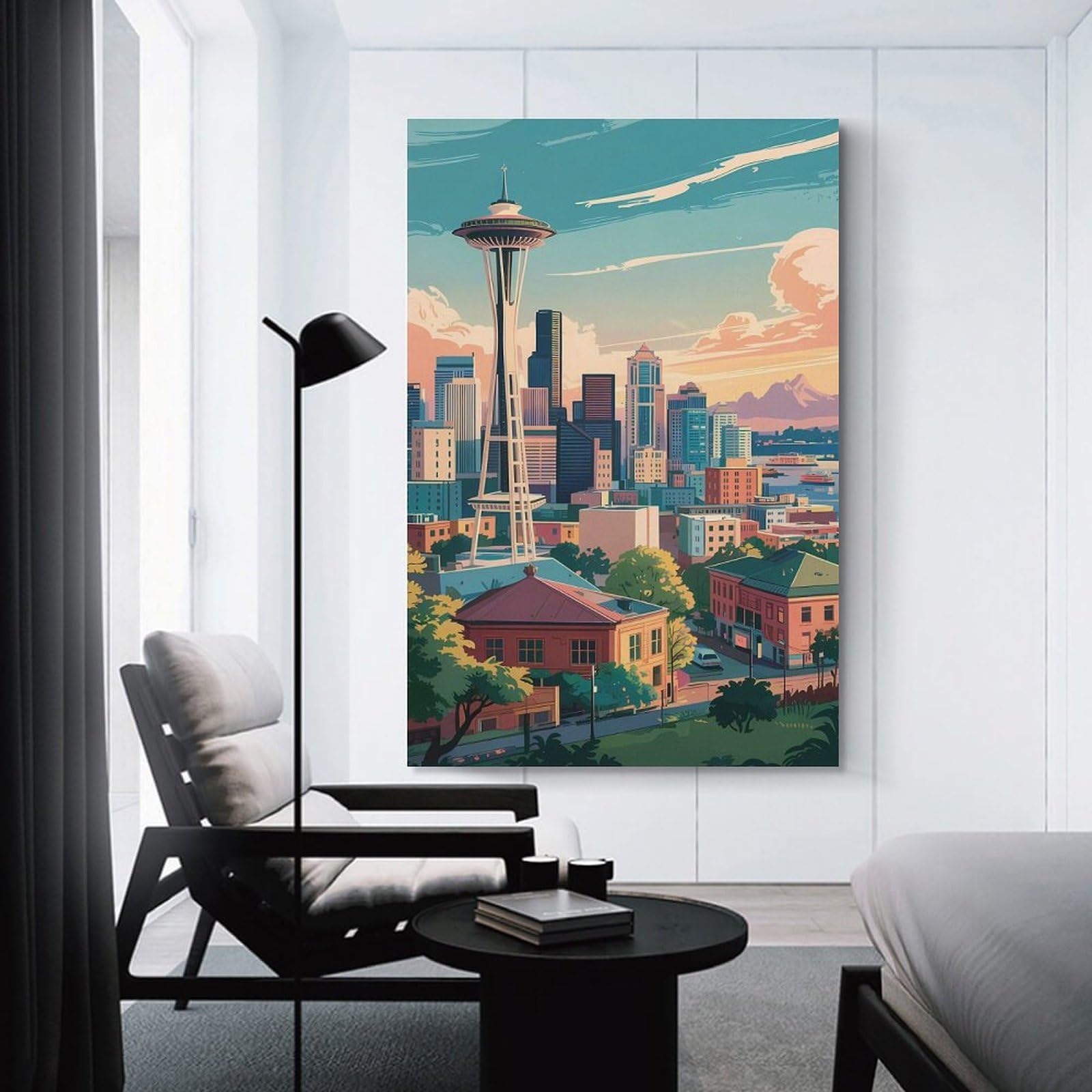 Junmoney Seattle Skyline with Space Needle Canvas Wall Decor, 24x36inch(60x90cm), for Gallery Wall Decor And Room Displays, Wall Decor Suited to Curated Displays