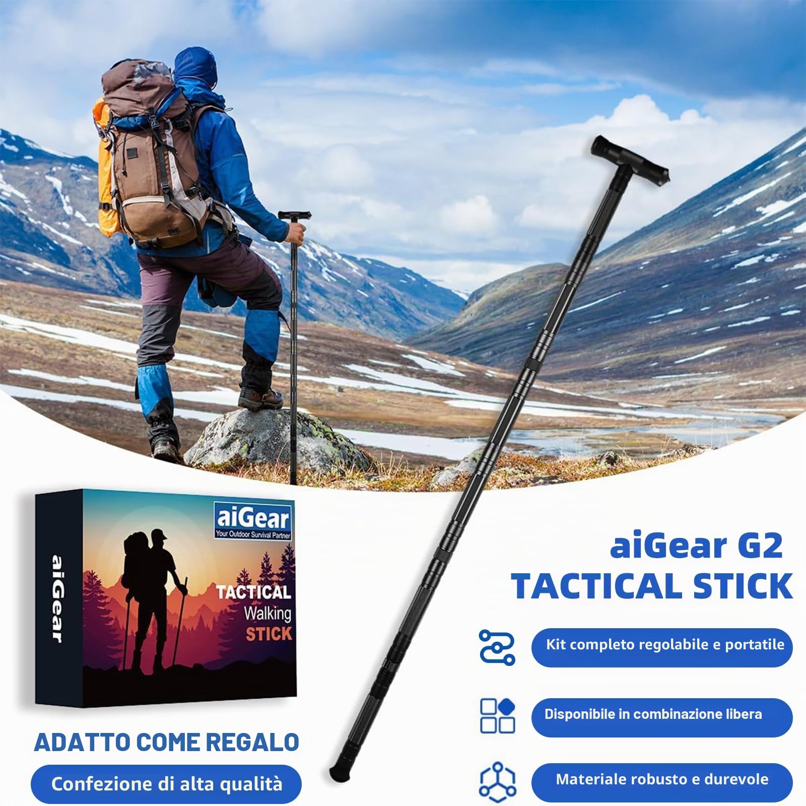 aiGear Bastoncini Trekking Regolabili in Alluminio 6/7/8 Sezioni Nero | con Borsa e 3 Utensili per L'esterno Accessori, CNC Lavorato, Regolabile in Altezza, per Campeggio Alpinismo Backpacking