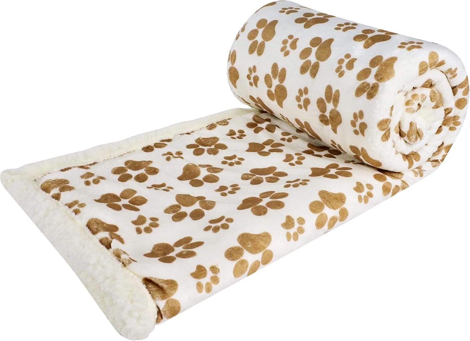 long rich Printed Dog paw Flannel Reverse to Sherpa Throw Blanket, Taupe, by Happycare Textiles