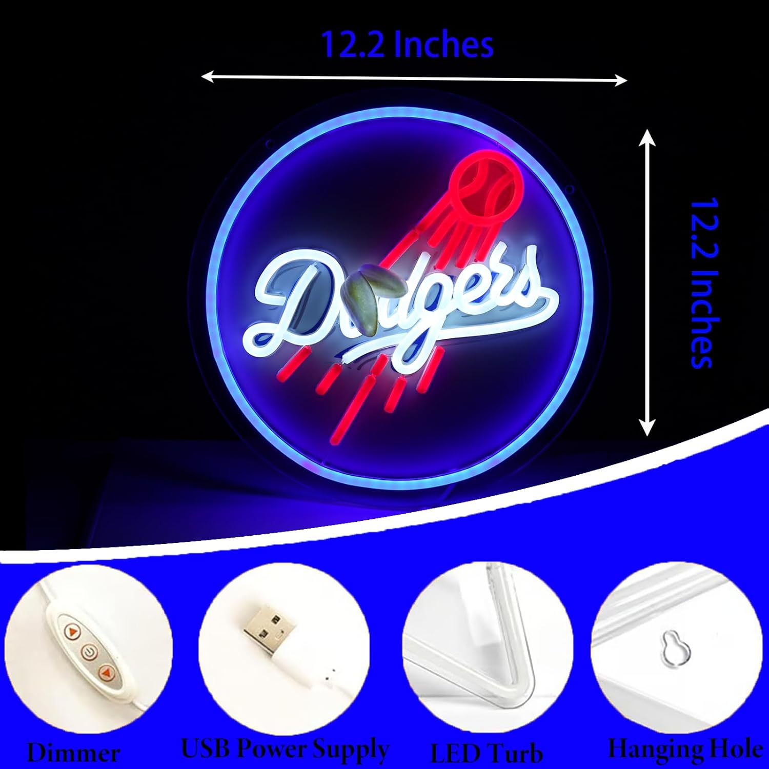 Baseball Team Neon Signs for Wall Decor, Dimmable Led Neon Lights for Man Cave Or Garage Decoration, Neon Sign For Bar, Dorm Room, Party Decoration,Game Room Decoration 12.2 * 12.2inch