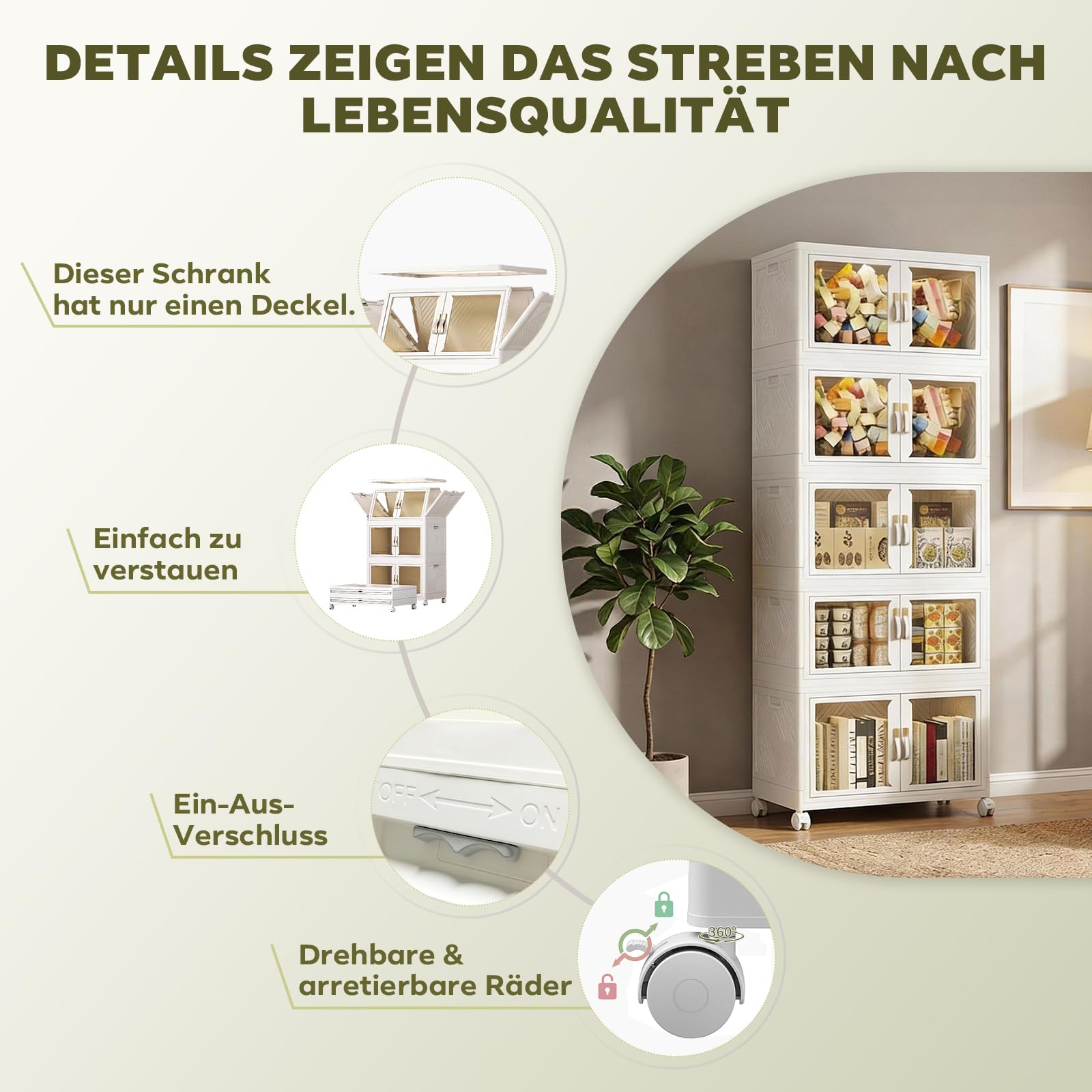 Stapelbare Aufbewahrungsbehälter mit Deckel und Rollen, 5-stöckiger faltbarer Aufbewahrungsschrank – Großer mobiler Schrank mit Magnet-Türen & Feststellrollen, für Kleidung, Werkstatt, Haushalt