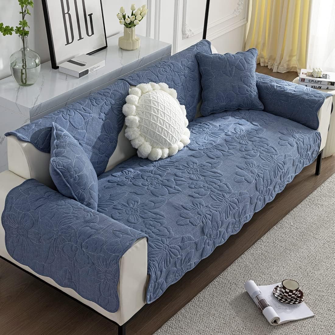 Vintage Floral Embroidery Sofa Couch Cover Soft Cotton Quilted Sectional Couch Cover Solid Non Slip Sofa Slipcover Furniture Protector For Living Room ( Color : Coffee , Size : 70*70cm/28*28in )