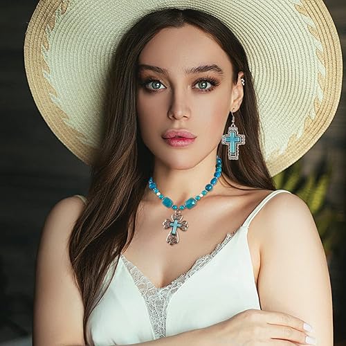 Miniatura 5 de Pandahall - 14 dijes de cruz de piedra turquesa, estilo tibetano, turquesa, gran colgante, aleación, religión, cruz, joyería de turquesa occidental