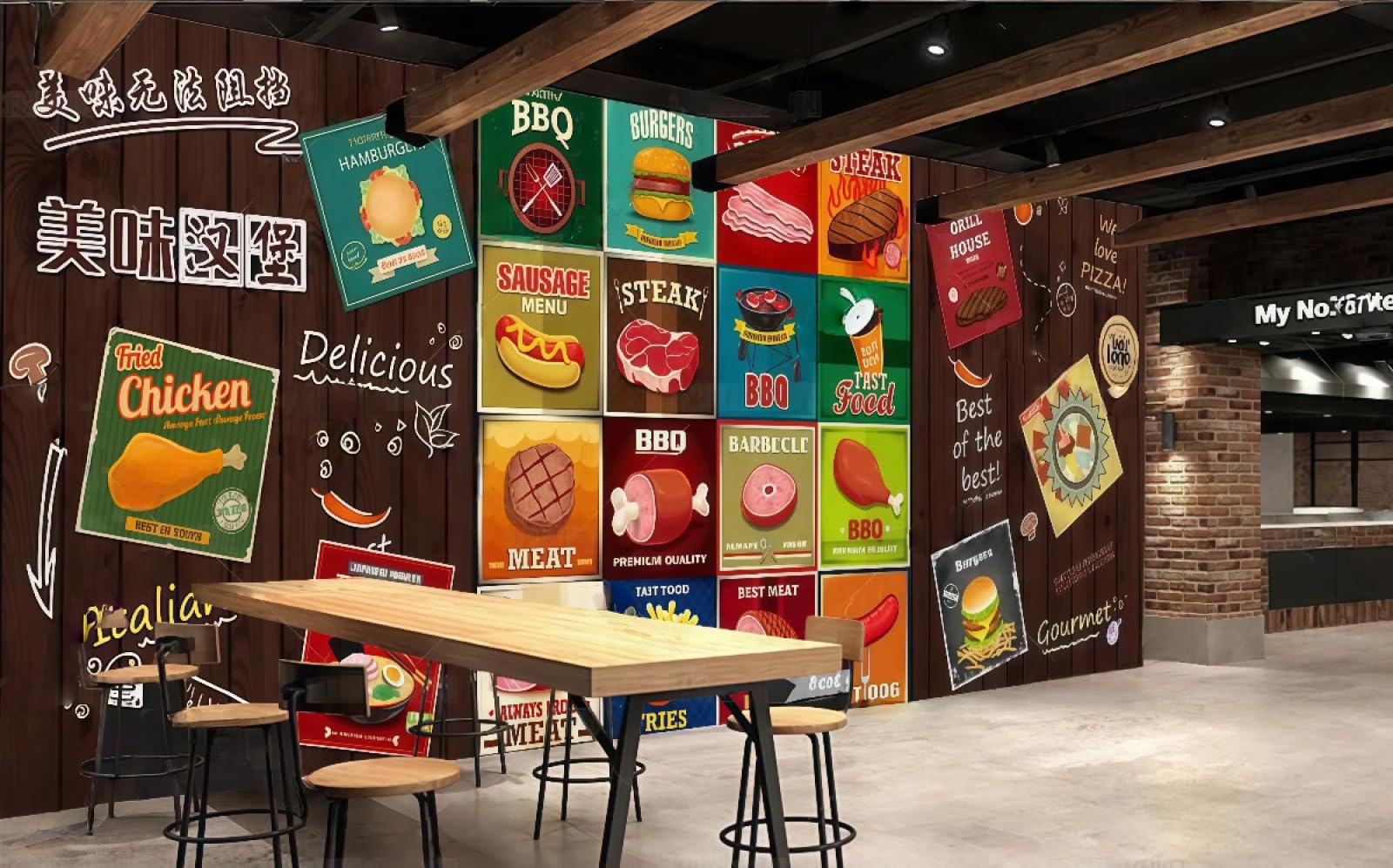 rskjdghshd Wallpaper Retro Wooden Board Hand-Painted Delicious Burger Pizza Shop Western Restaurant Background Wall Mural Afternoon Tea Coffee Shop Wallpaper,3D,350x245cm