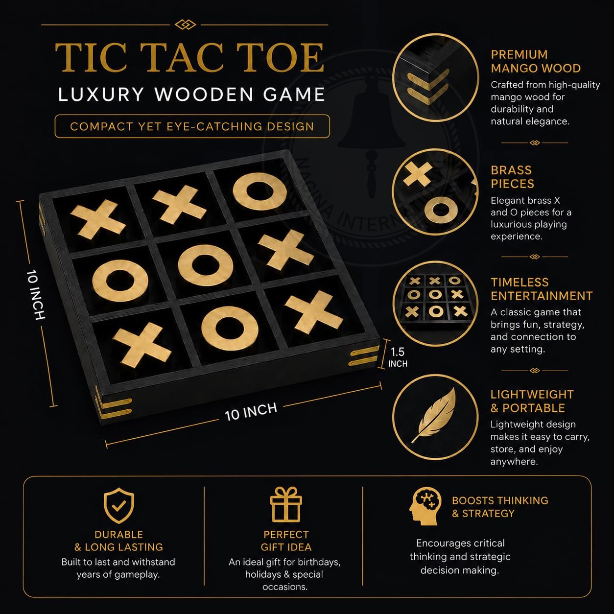 10" Large Elegant Premium Black Tic Tac Toe Board Game | Wooden Puzzle Game | Coffee Table Wooden Decor & Games | Lightweight Gold Plated Pieces
