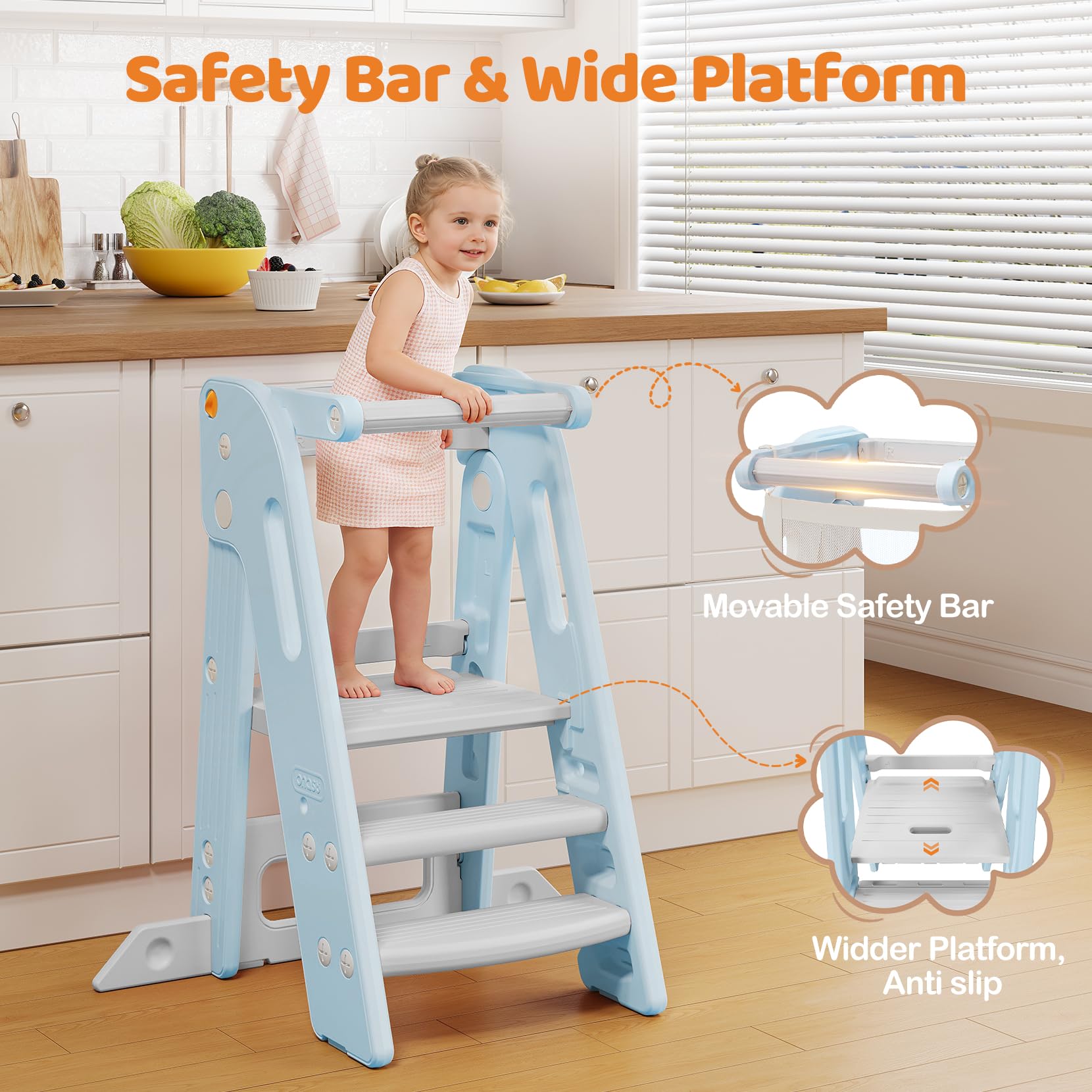 Onasti Torre de Aprendizaje Niños, Plegable, Torre de Aprendizaje Montessori, Escalón para niños Ajustable en Altura de 2 a 3 escalones, Torre Aprendizaje para Cocina, baño y lavabos (Azul)