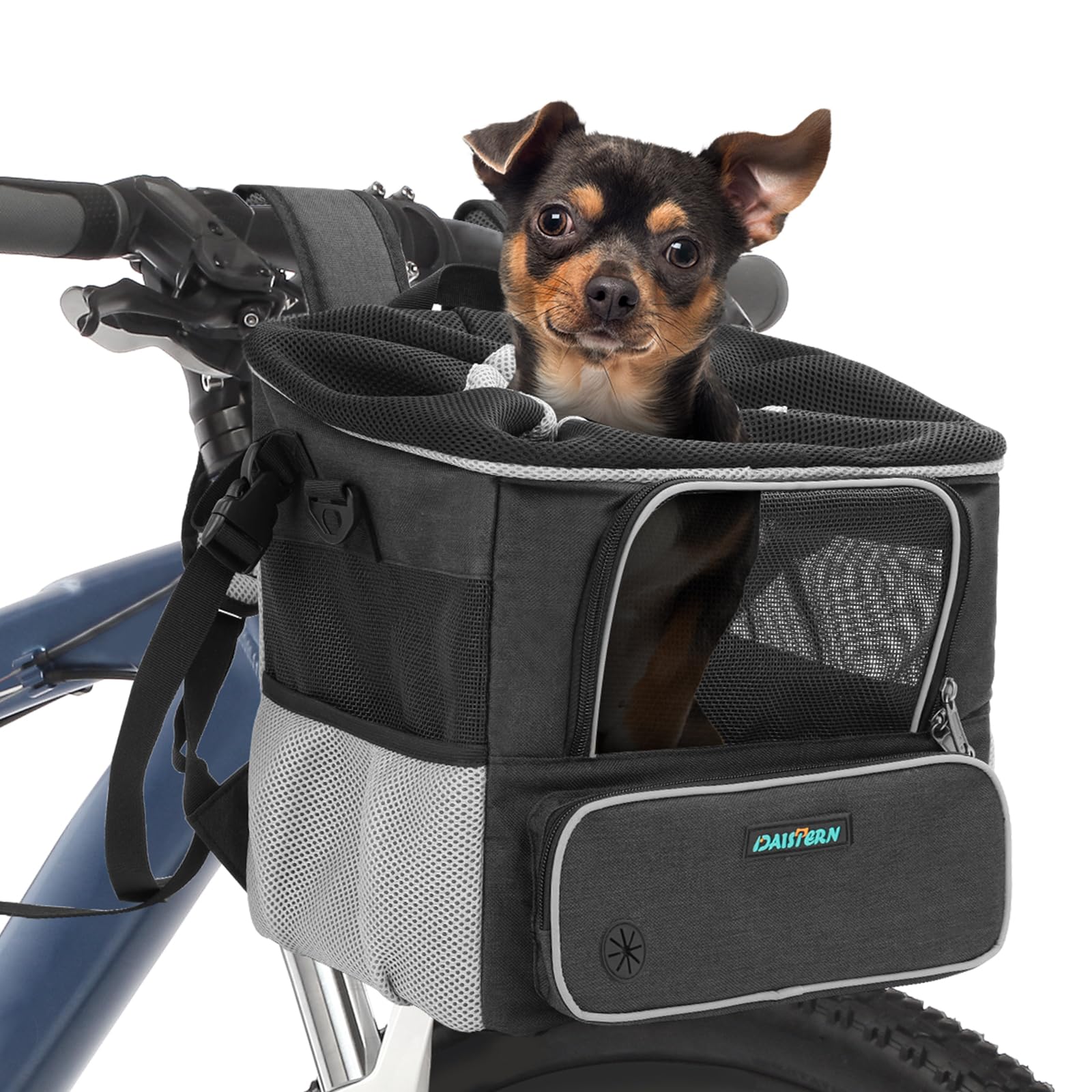 DAISTERN de BSWAY Cesta Bicicleta para Perros hasta 4KG, Cesta Delantera Bicicleta con Soporte Φ53mm, Mochila/Bolsa de Hombro/Asiento de Coche con Ventanas de Malla Transpirable, Cojín Impermeable