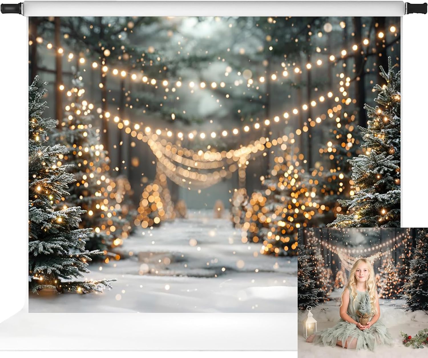 Kate Christmas Trees Backdrop with Twinkling Lights Winter Wonderland Photography Background Outdoor Christmas Theme Photo Background, 10x8ft