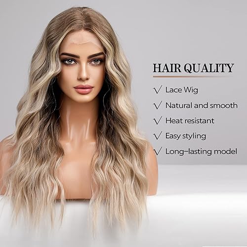 Miniatura 2 de HAIRCUBE - Pelucas largas de encaje frontal rubio degradado para mujer, pelucas sintéticas onduladas naturales de partición media