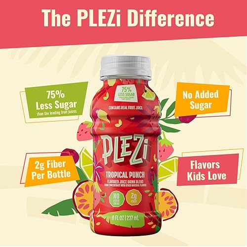 Miniatura 2 de PLEZi Bebida saborizada para niños, mezcla de jugo de frutas tropicales, sin azúcar añadida, 0.07 onzas de fibra, sabrosos jugos refrescantes para