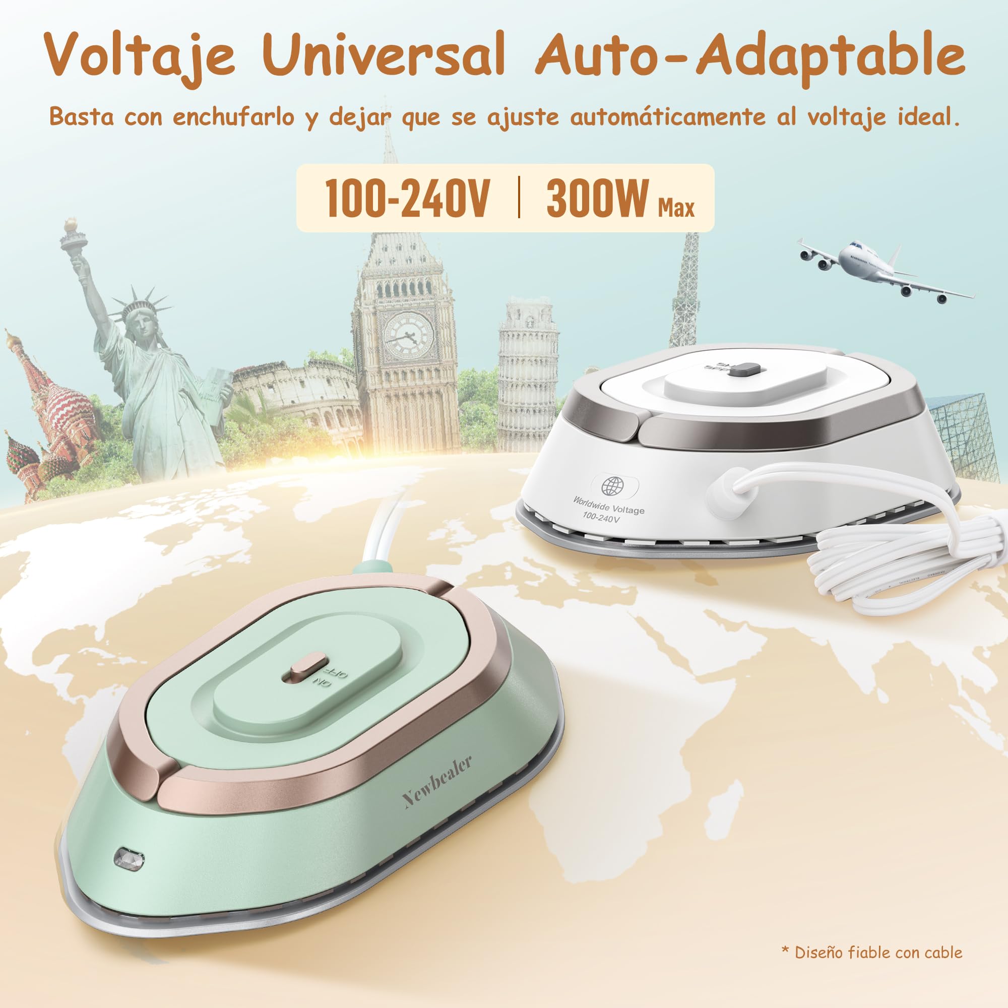 Newbealer Plancha de Viaje para Ropa, Plancha Pequeña Voltaje Universal 100V-240V, Ligera y Compacta sin Vapor con Suela de Cerámica Antiadherente, Bolsa de Transporte, Verde