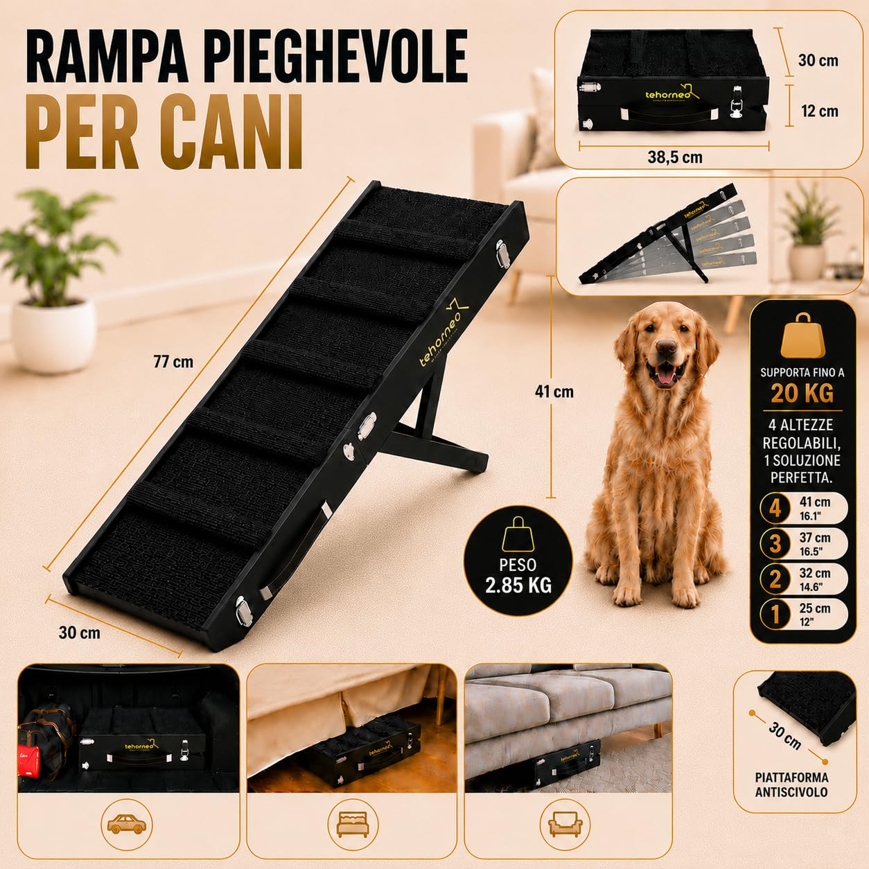 TEHORNEO Rampa per Cani, Scalette per Cane 4 Altezze da 25 cm a 41 cm, Scala per Cani Letto Portata Massima a 20 kg con Base Antiscivolo, Scaletta per Gatti, Scaletta Cani, Rampa per Cani Letto