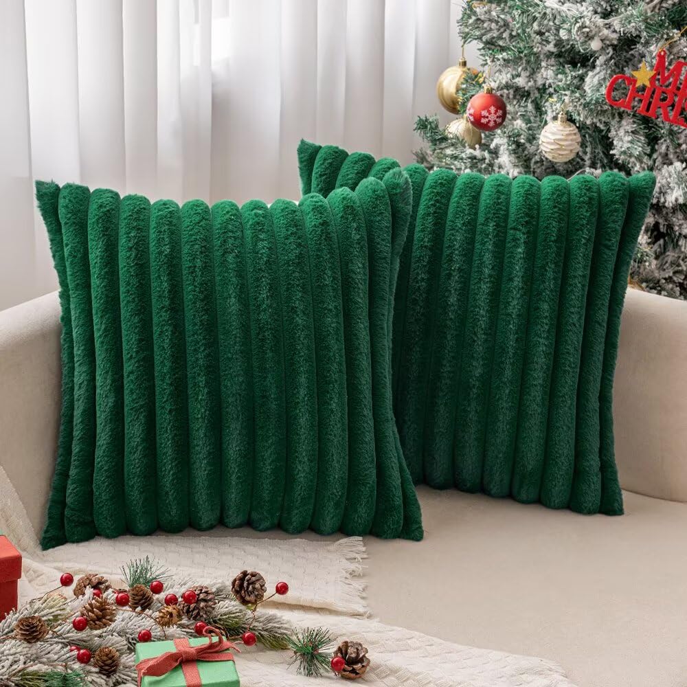 MIULEE Plüsch Kissenbezug 45x45 Deko Flauschige Kissenbezüge Kunstpelz Fell Sofakissen Flauschig Dekokissen Kissenhülle für Wohnzimmer Schlafzimmer Sofa Kuschelkissen Dunkelgrün 2er Set