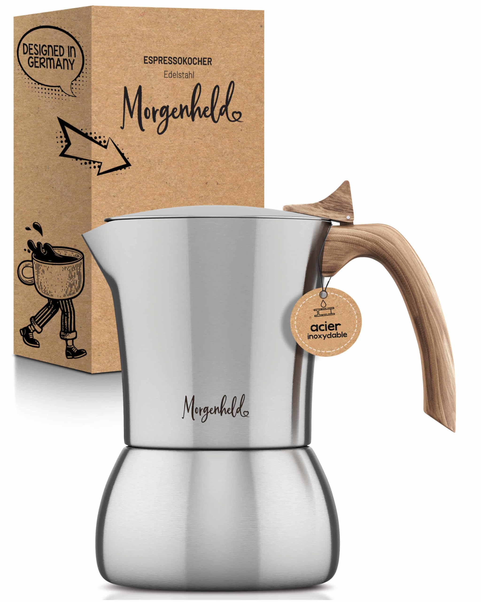 Morgenheld FLOW Cafetière italienne en acier inoxydable 4 tasses (200 ml) – pour induction, gaz, électrique et céramique – sans aluminium, insert amovible lavable au lave-vaisselle