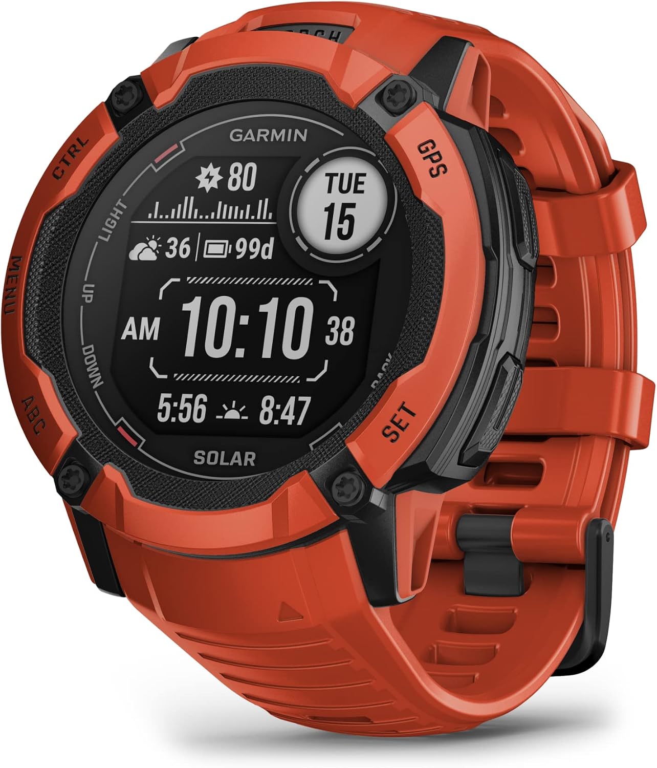 Instinct® 2X Solar, Rugged Outdoor Smartwatch, 50mm, Flame Red | Solar Charged, Built-In Flashlight,Mutli-Band Frequency Support, ABC Sensors, Tracback® Routing, Reference Points