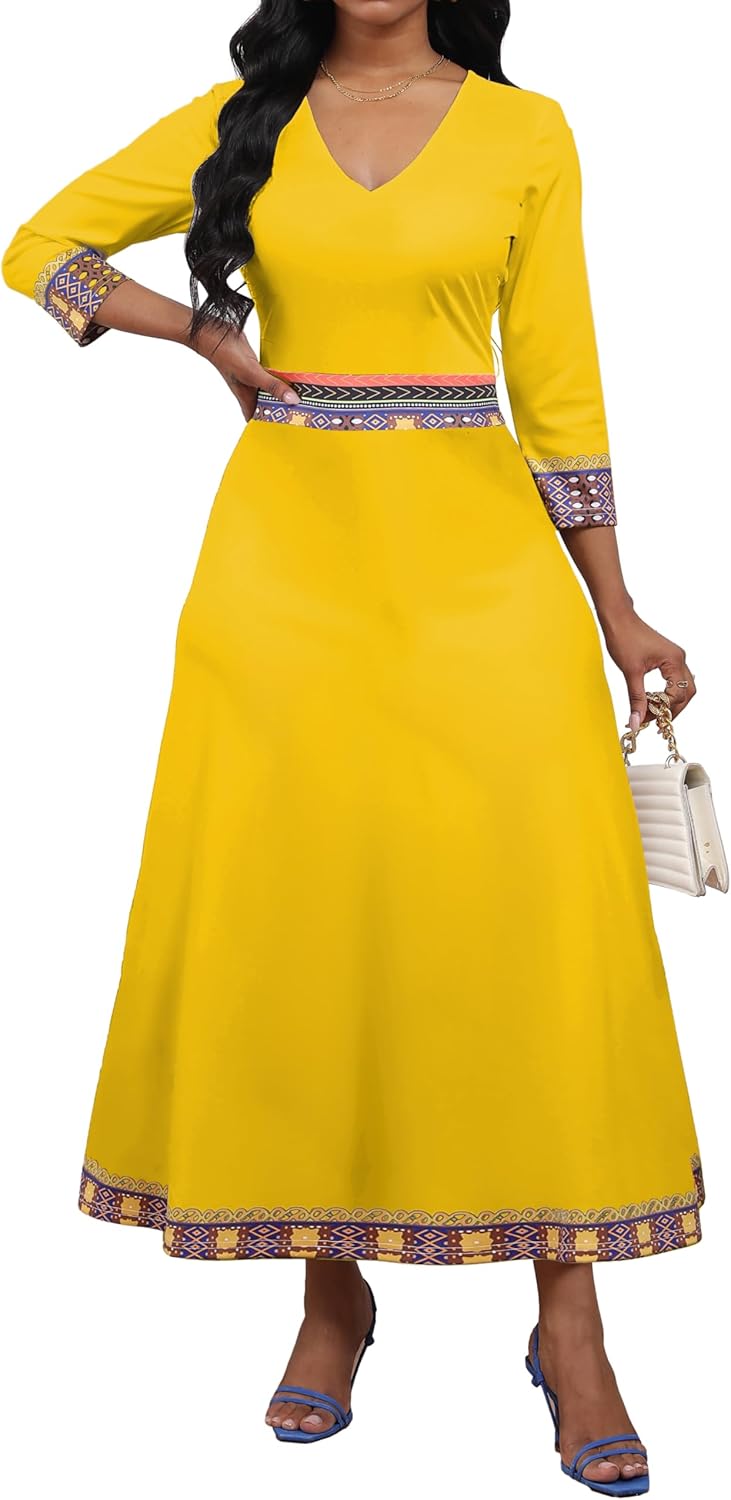 African Dresses for Women Elegant V Neck 3/4 Sleeve Casual Long Maxi African Attire Dress - Image 4