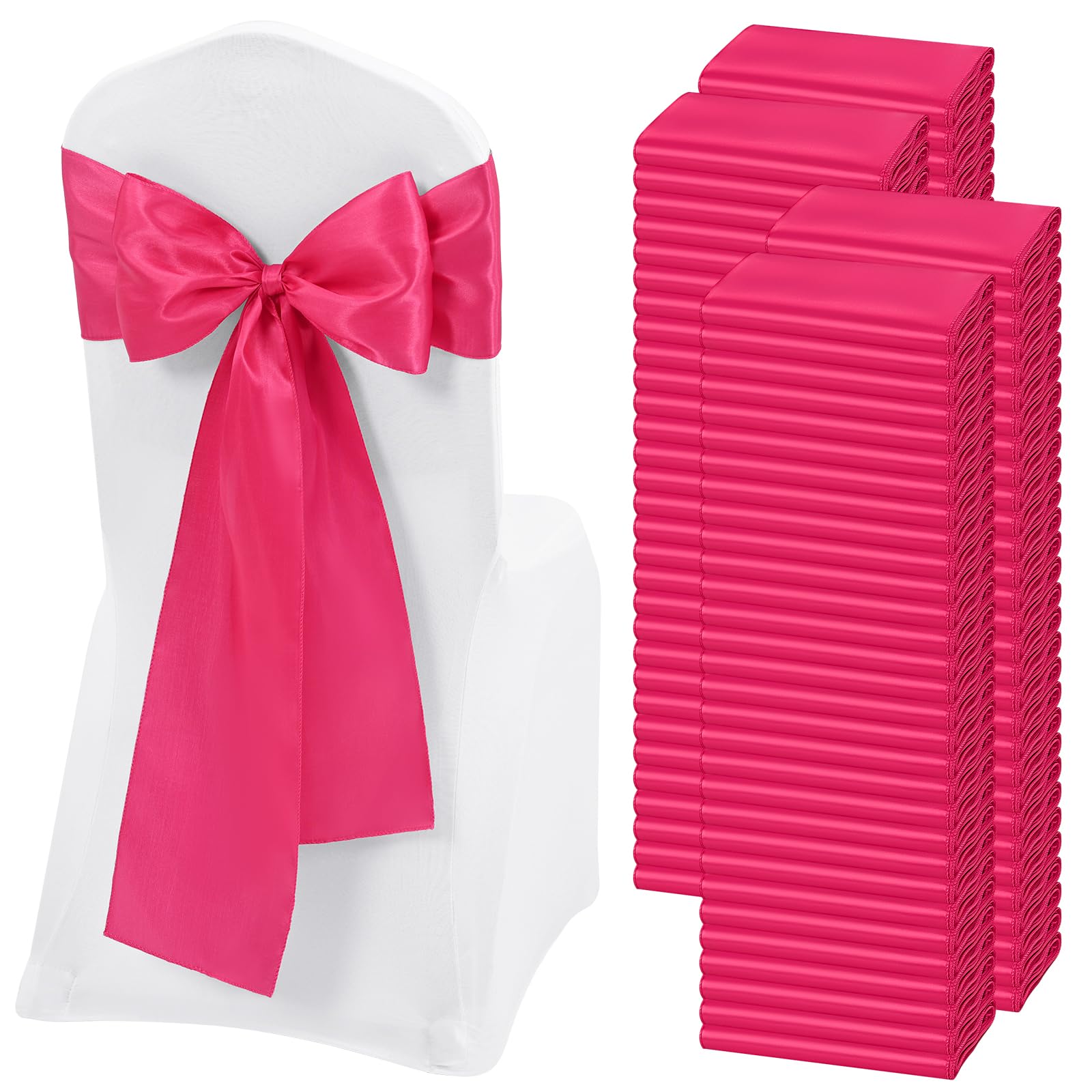 Photo 1 of 120 PCS Hot Pink Satin Chair Sashes, Ties Bows Designed Chairs Decorative, Chair Cover Sashes for Thanksgiving Wedding Christmas Banquet Party Home Kitchen Decoration (7 x 108 inch)