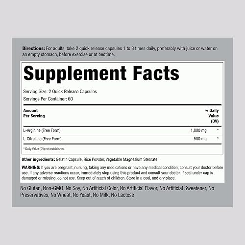 Miniatura 2 de Piping Rock L-Arginina L-Citrulina Suplemento | 1500 mg | 120 Cápsulas | para hombres y mujeres | Sin OMG, sin gluten